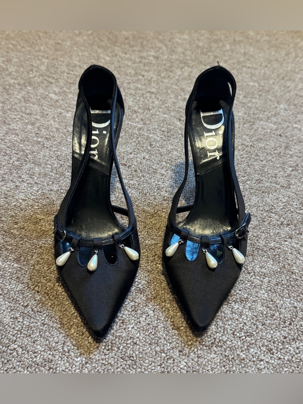 Dior (Galliano’s era) black satin heels with dangle pearl embellishments Size 36